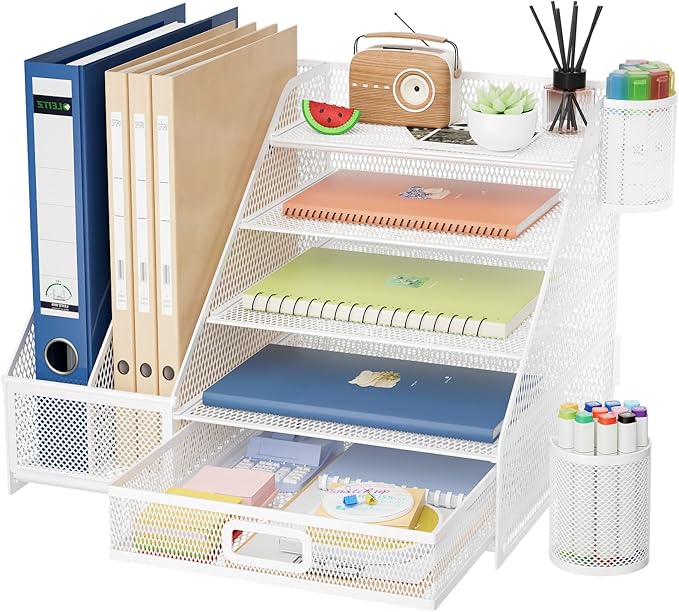 Marbrasse Desk Organizer with File Holder, 5-Tier Paper Letter Tray Organizer with Drawer and 2 Pen Holder,Mesh Desk Organizers and Accessories,Desktop Organizer and Storage for Office Supplies(White)