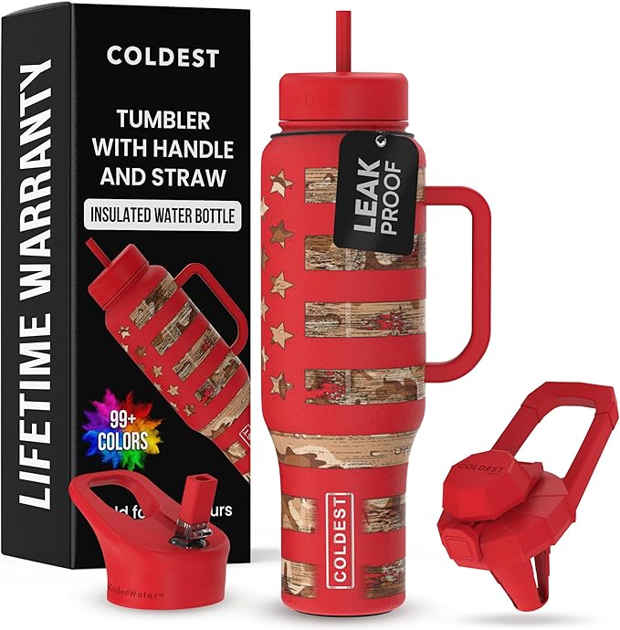 Coldest Tumbler with Handle and Straw, 100% Leak Proof Insulated Tumbler with Lid and Straw (3 Lids), Stainless Steel Tumblers for Women & Men, Cup Holder Friendly, 46 oz (The Republican)