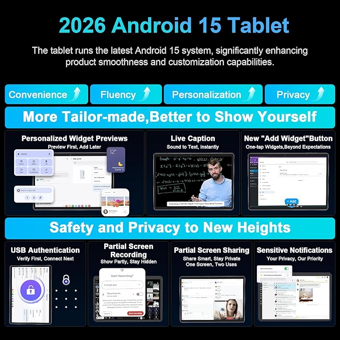 JJGJ 2026 Android 15 Tablet with Keyboard, 26GB+256GB, 2TB Expand, 10 Inch Tablet with Octa-Core, 8000mAh, 5G WiFi, BT5.0, Widevine L1, Gemini AI, 2-in-1 Tablets with Case, Mouse, Stylus(Silver Case)