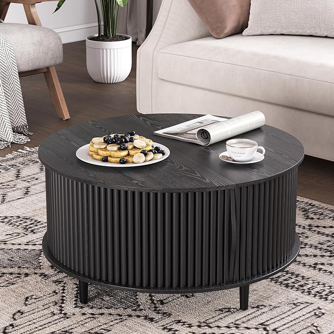 JOINICE,Black Round Coffee Table with Storage, 31.5" Fluted Center Table with Sliding Door, Modern Circle Drum Accent Table for Living Room, Sleek Wood Furniture for Small Spaces & Apartments