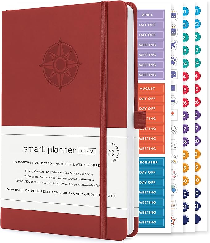 Smart Planner Pro – Undated Daily Planner – Small A5 – Achieve Goals & Increase Productivity – Weekly, Monthly, Work Sections, Organizer Diary with Back Pocket, 3 Satin Bookmarks & Pen Holder