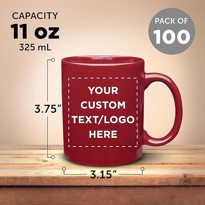 Custom Ceramic Coffee Mugs 11 oz. Set of 100, Personalized Bulk Pack - Coffee cup set, Iced coffee cup, Gaming mug - Red