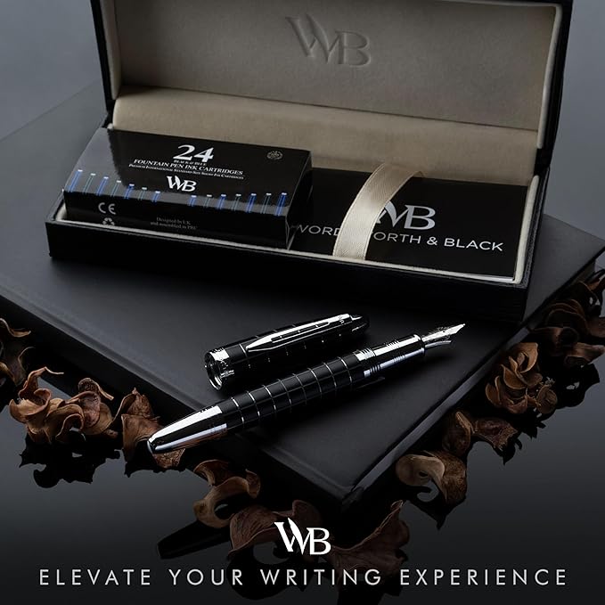 Wordsworth & Black Majesti Fountain Pen-(Checked), Luxury Case, Chrome Finish; Extra Fine Nib- Ink Cartridges, Refillable Ink Converter-Calligraphy Pen-Best Business Gift Set for Men & Women