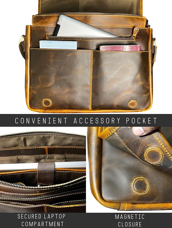 Leather Messenger Bag for Men 16" Full Grain Leather Laptop Bag Vintage Crossbody Office Satchel Travel Shoulder Bag