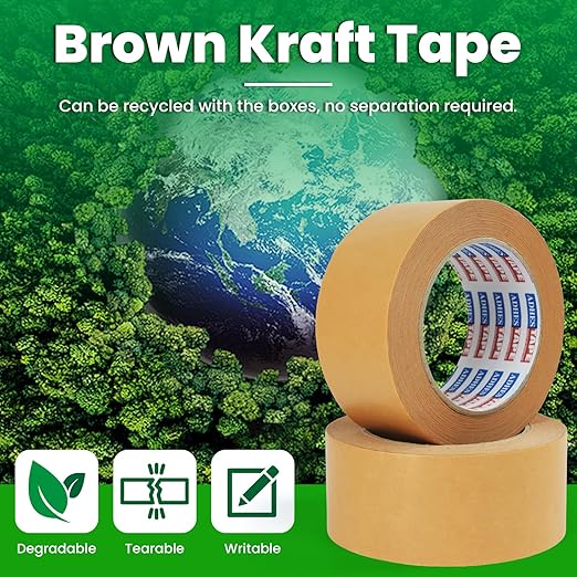 ADHES Kraft Paper Tape, 2 Inch x 44 Yards, 36 Rolls Writable & Uncoated Heavy Duty Paper Tape, Biodegradable Brown Packing Tape for Sealing, Packaging & Moving