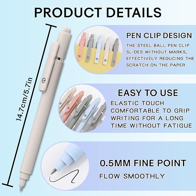 RIANCY Gel Pens, 0.5mm Black Ink Quick Dry Ball Point Pens, Fine Point Smooth Writing Retractable Pens, Cute Aesthetic Gifts Set for Men Women Journaling, Office School Stationery Supplies Pack of 5