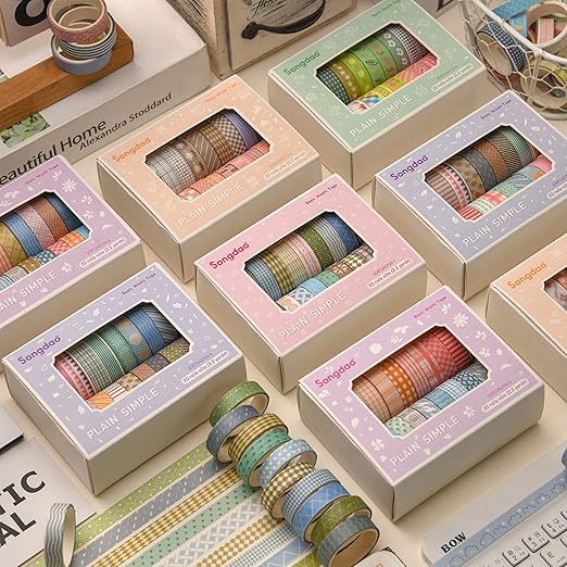 Songdao 20 Rolls Basic Washi Tape Set Japanese Arts Adhesive Tapes Simple Patterns Decorative Masking Tape Sets for Craft, Kids, Scrapbook, DIY, Gift Wrapping (Style Six)