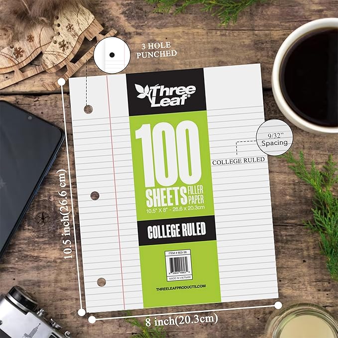 THREE LEAF 100 SHEETS COLLEGE RULED FILLER PAPER, PACK OF 12, LOOSE-LEAF SHEETS FOR SCHOOL AND OFFICE 100 CT. FILLER PAPER, NOTEBOOK PAPER