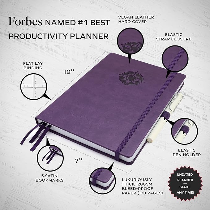 Smart Planner Pro – Undated Daily Planner – Medium B5 – Achieve Goals & Increase Productivity with Weekly, Monthly, Work Sections - Organizer Planner with Back Pocket, 3 Satin Bookmarks & Pen Holder