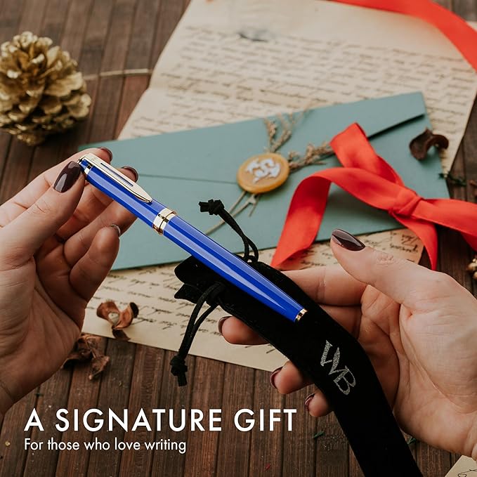 Wordsworth & Black Fountain Pen Set, 18K Gilded Medium Nib, Includes 24 Pack Ink Cartridges, Ink Refill Converter & Gift Pouch, Gold Finish, Calligraphy, [Imperial Blue], Perfect for Men & Women…