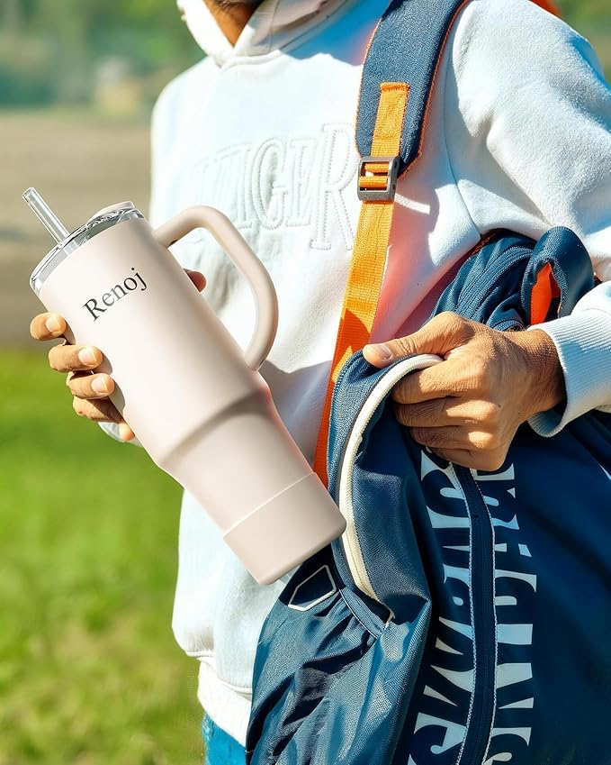 Renoj Tumbler with Handle 100% Leak Proof Insulated Water Bottle for Iced Coffee & Hot Drinks - Fits Car Cup Holder, Ideal Gift, 2 Straws & Silicone Boot BPA-Free - SnapShift White 40 oz