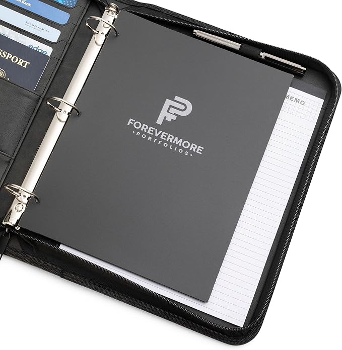 Forevermore Portfolios Portfolio Organizer - 3 Ring Binder with Notepad - 1.5 Inch Rings - Zippered Storage Pockets for Papers, Travel Documents, Presentation Folder, Cards, Passport, Tickets - Black