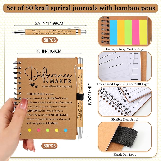 Jetec Inspirational Notebooks Bulk Spiral Notebook with Sticky Notepad Motivational Pens Valentines Day Gifts for for Employee Coworker Nurse Staff Teacher Nurse Volunteer(50 Sets,Difference Maker)