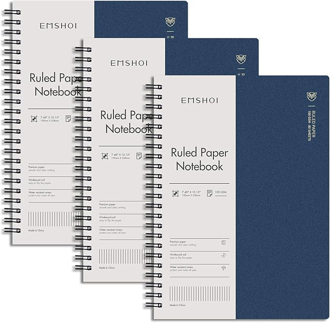 EMSHOI Lined Journal Spiral Notebook 7.48" x 10.15" - 3 Pack 480 Pages 100gsm Thick Paper, B5 Large Notebooks College Ruled, Plastic Hardcover Journals for Writing Women Men Work School Supplies