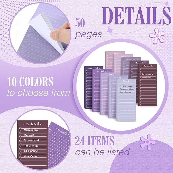 Censen 10 Pack 500 Sheets To Do List Notes Daily Checklist Notepads with 50 Sheets Each Undated Color Memo Pad Block Shopping List Pad Weekly Plan Notepad Organizer Planners(Gradient Purple,Lined)
