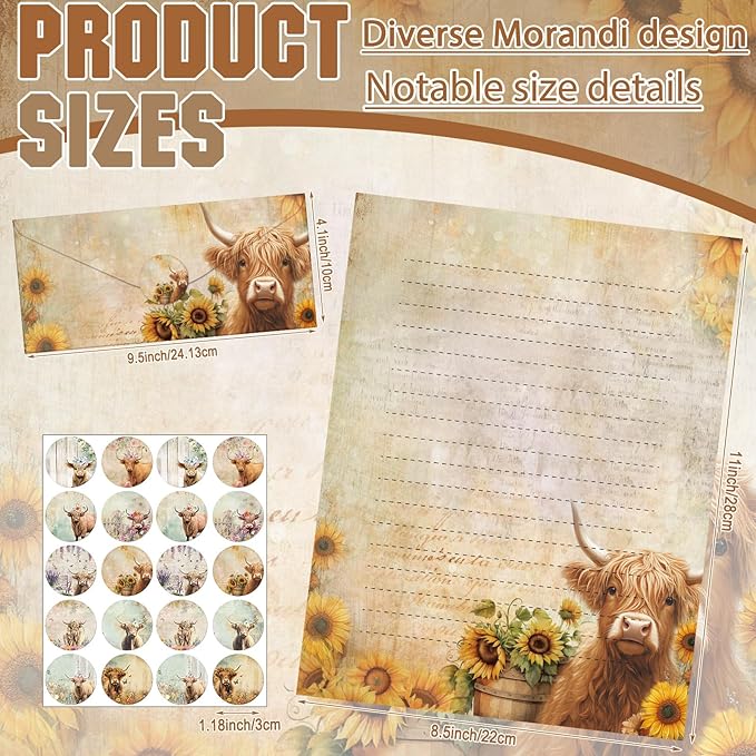 TaoBary 160 Pcs Stationery Paper Set 50 Double Sided Stationery Papers with 50 Matching Envelopes and 60 Round Dot Sticker, 10 Design(Floral Highland Cow,8.5 x 11 Inch)