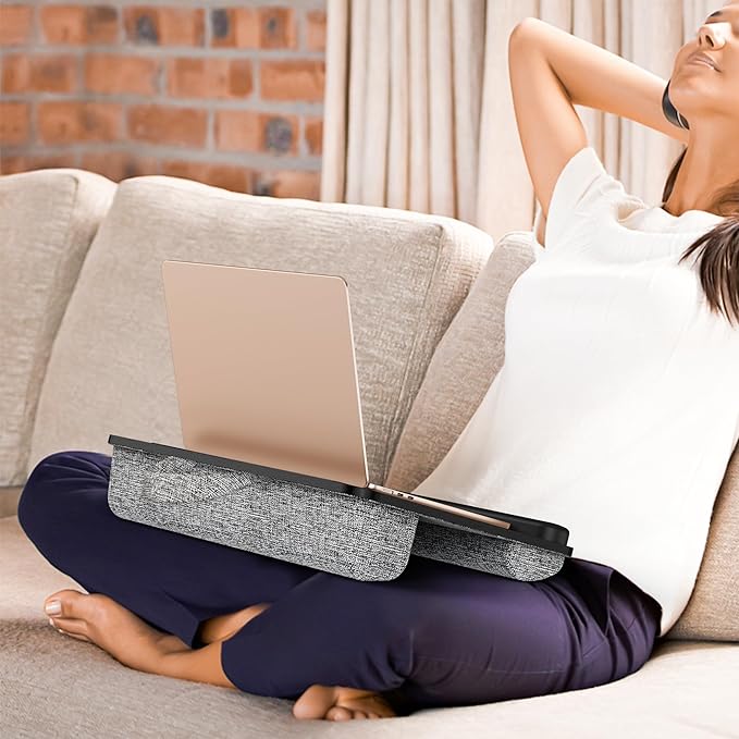 Besign LT08 Laptop Stand, Portable Lap Desk with Pillow Cushion, Fits up to 14 inch Laptop, with Anti-Slip Strip for Desk, Sofa & Bed, Black and Gray