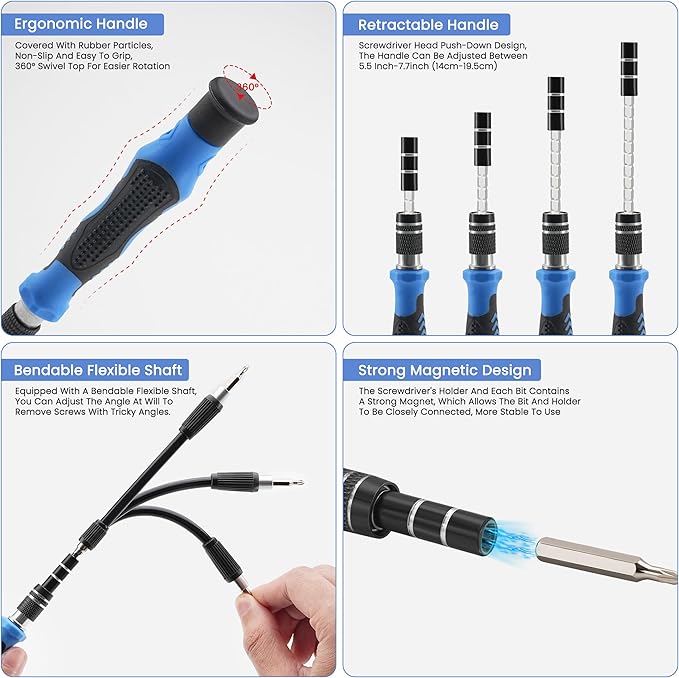 Precision Screwdriver Set, 168 Pcs Small Screwdriver Set with Ergonomic & Retractable Handle, Flexible Shaft, Strong Magnetic Design for iPhone, MacBook, Laptop, PC, Game Console