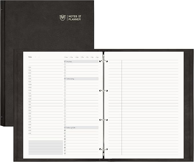 EMSHOI Undated Daily Planner 9.2" X 12", Large To Do List Notepad, 240 Refill Pages Ring Binder Planner, Hardcover Leather Appointment Book for Work, with Yearly Schedule, Habit Tracker, Black