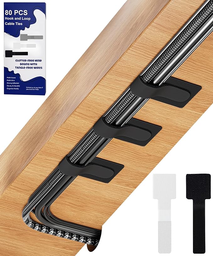 80PCS Hook and Loop Cable Ties, Hook and Loop Cable Straps, Under Desk Cable Management, Adhesive Cable Clips, Sticky-Back Cord Organizer for Desk, Household & Office Organization (Black+White)