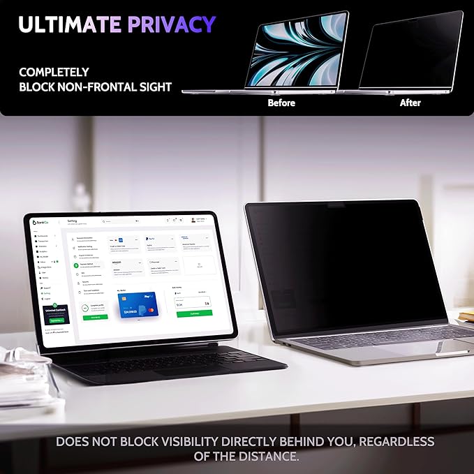 Peslv Privacy Screen for MacBook Air 13.6/13 Inch (2022-2025, M2, M3, M4) - A2681, A3113, A3240 MagicSuction™ Removable Anti Spy Black Protector, Glare Blue Light Filter for Mac Laptop Computer