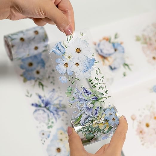 WT Serene Wide PET Tape, Single Roll, Original Designs, Watercolor Blue Flower Decorative Tape, Transparent Clear Adhesive Tape, Journal Scrapbook Bujo Planner DIY Craft Supplies