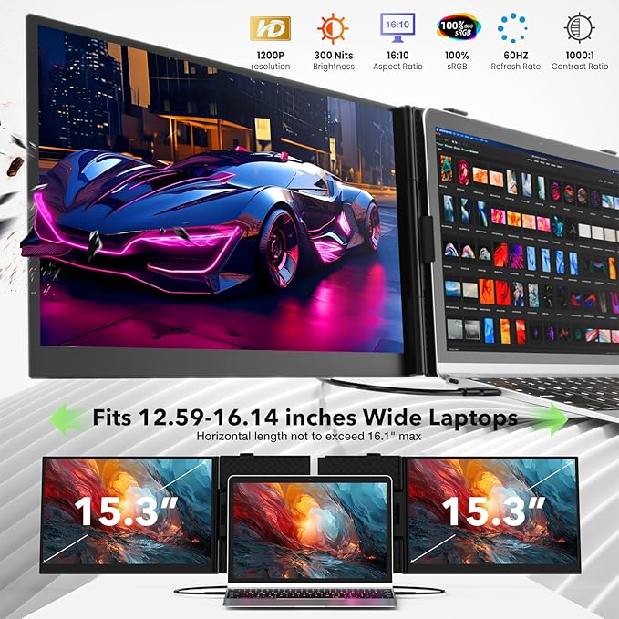 Laptop Screen Extender, Ultra-Thin 15.3" FHD 1200P 16:10 Portable Monitor for Laptop, Lightweight Travel Monitor Extender Plug & Play for 14"-17.3" Laptops, Compatible with Wins/Mac/Android/Chrome