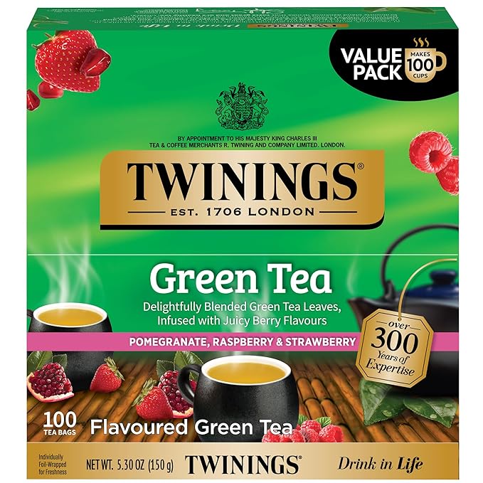 Twinings Green Tea with Pomegranate, Raspberry, & Strawberry Individually Wrapped Bags, 100 Count (Pack of 1), Caffeinated, Enjoy Hot or Iced, 100 Teabags