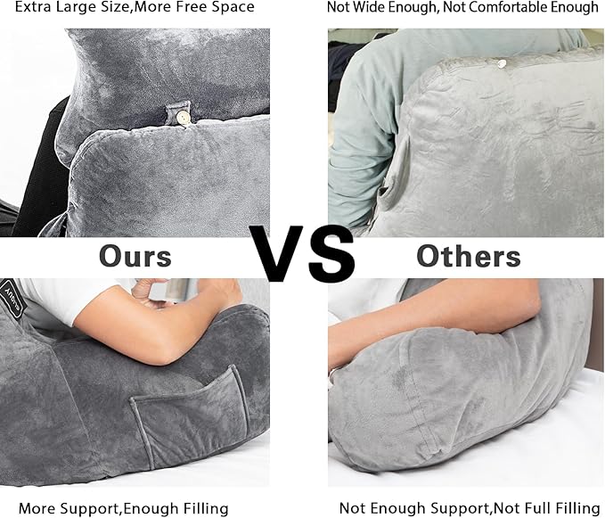 SLIGUY Reading Pillow for Sitting in Bed Couch Adult, Back Pillow with arm Support and Pockets, Adult Back Pillow Bed Chair for Bed Rest, Reading, Watching TV, Gaming for Boys and Girls Light Grey