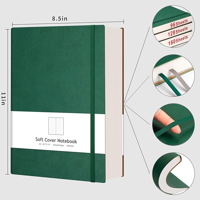 AHGXG Bullet Dotted Journal - Large A4 Notebook Dotted, 8.5''×11'', 320 Pages Dot Grid Notebook, 100gsm Thick Paper, Leather Softcover, with Journal Stencils, Inner Pocket - Green