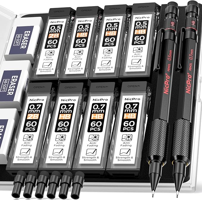 Nicpro 0.5 mm & 0.7 mm Mechanical Pencil Set with Case, MP2000 Metal Artist Mechanical Pencil With 6 Tube HB 2B Lead Refills, Eraser, Weatherproof Barrel for Outdoor Writing Drafting Sketching