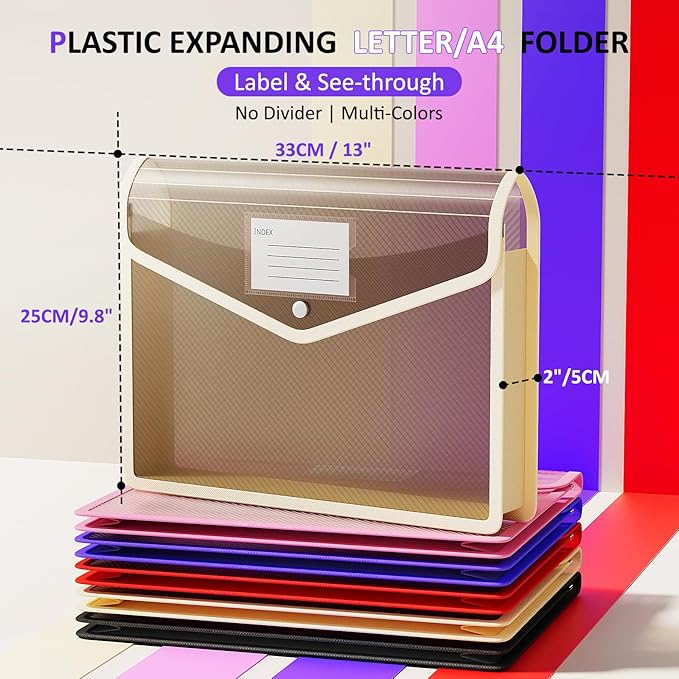 ThinkTex Plastic Expanding File Folder, Transparent envelopes with Snap Closure,No Dividers,Large Capacity,Document Organizer for Receipts, Bills&Taxes,Letter/A4 Size for School/Office/Home-5 Pack