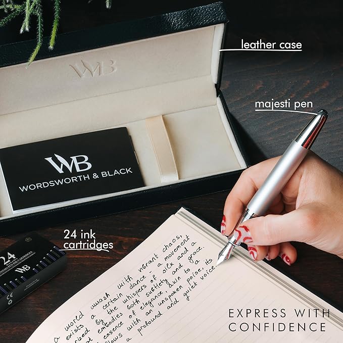 Wordsworth & Black Majesti Fountain Pen-(Silver), Luxury Case, 24K Gold Finish; 18K Gilded Medium Nib- Ink Cartridges, Refillable Ink Converter-Calligraphy Pen-Best Business Gift Set for Men & Women