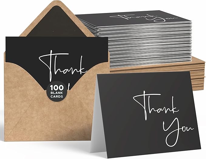 VNS Creations Thank You Cards With Envelopes Bulk Set & Stickers - 100 Pack 4x6 Blank Thank You Notes Bulk Box Set - Large Note Card Small Business, Wedding, Baby Shower & Bridal Shower - Black