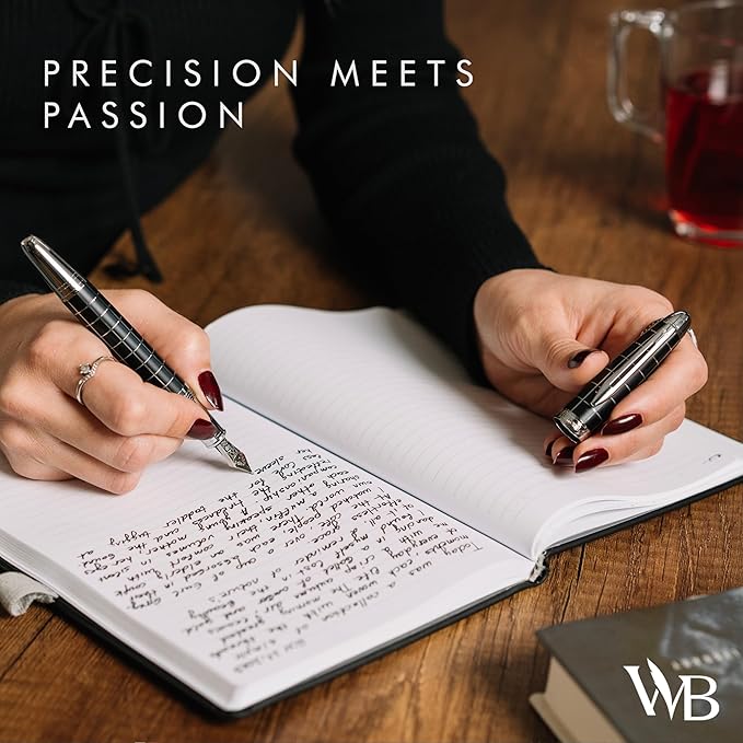 Wordsworth & Black Majesti Fountain Pen-(Checked), Luxury Case, Chrome Finish; Fine Nib- Ink Cartridges, Refillable Ink Converter-Calligraphy Pen-Best Business Gift Set for Men & Women