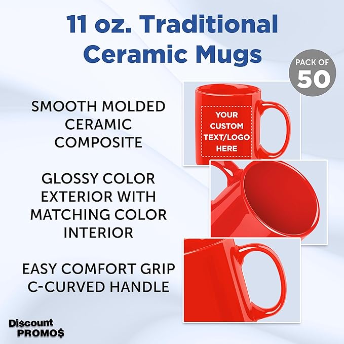 Custom Ceramic Coffee Mugs 11 oz. Set of 50, Personalized Bulk Pack - Coffee cup set, Iced coffee cup, Gaming mug - Red