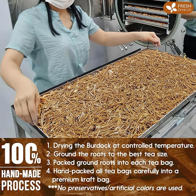 FreshDrinkUS, Premium 120 Burdock Root Tea Bags, 100% Natural & Pure, Herbal Tea. Made with Natural Material Tea Bags. No Sugar, No Caffeine, No Gluten, Vegan.