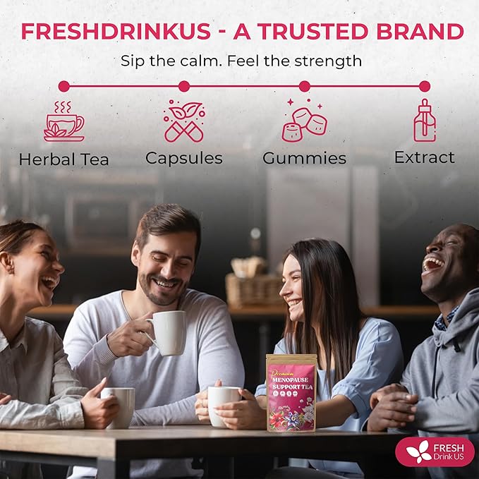 FreshDrinkUS, 40 Tea Bags - Menopause Support Herbal Tea – Soothing Blend with Rhubarb, Hibiscus, Valerian, Passiflora, Ashwagandha, Fennel & Chamomile, Caffeine-Free, Vegan, Non-GMO