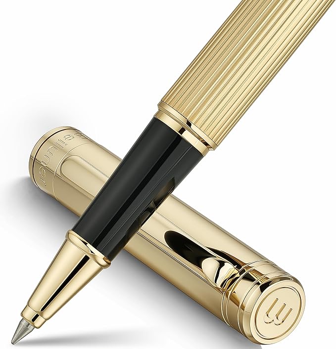 BEILUNER Lighthouse Series Rollerball Pen, 24K Gold Finish Pen Body, Exquisite Vertical Lines, Schneider 850 Refill, Nice Pen Gift Set for Men & Women, Office, Executive and Fancy Designer Pens (Gold)