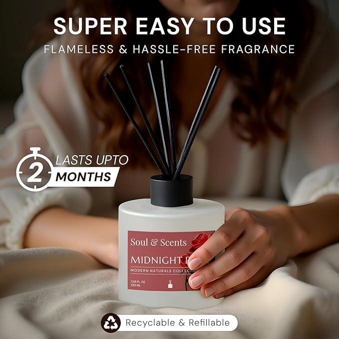Soul & Scents Reed Diffuser Set – Midnight Rose | 7.43 oz Refillable Scented Oil with 6 Fiber Sticks | Long-Lasting Home Fragrance & Air Freshener for Bedroom, Bathroom, Office | Gift & Décor Piece