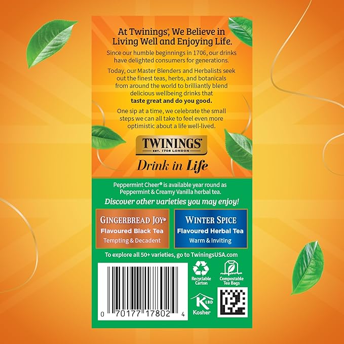 Twinings Peppermint Cheer Herbal Tea Individually Wrapped Bags, 20 Count (Pack of 1), Peppermint & Vanilla, Naturally Caffeine-Free, Enjoy Hot or Iced, 20 Teabags