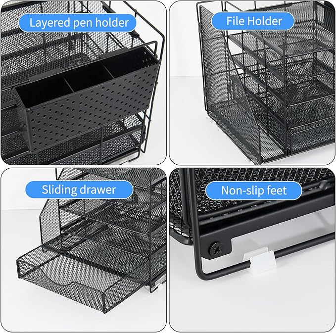 OUTIOE Desk Organizer with Drawer and Pen Holder, 5-Tier Paper Letter Tray Organizer with File Holder, Suitable for Workspace Organizer Office Supplies Storage (Black)