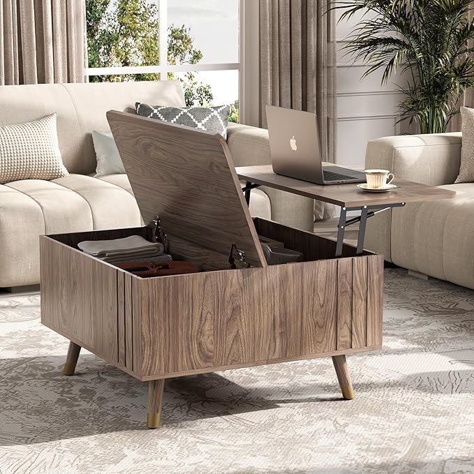 JOINICE 32" Square Lift Top Coffee Table with Storage,Mid Century Modern Walnut Center Table with Rising Desktop for Living Room, Brown Wood Finish