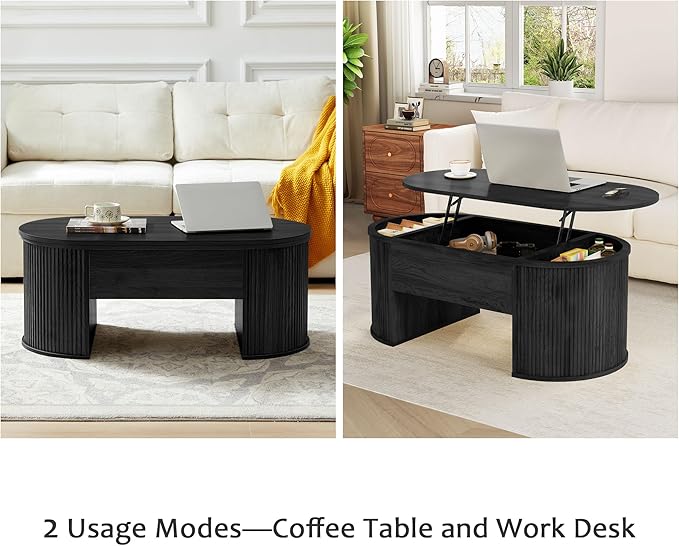 QHITTY Fluted Coffee Table with Lifting Top, Oval Wood Lift Top Coffee Table with Hidden Compartment, Mid Century Pull up Center Tables for Living Room, Office - Black