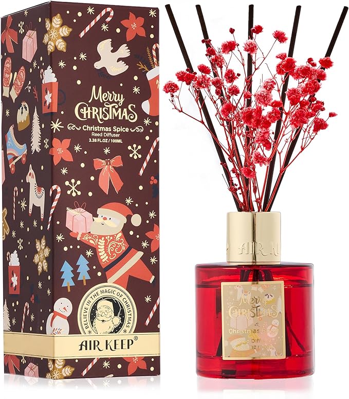 Airkeep Christmas Reed Diffuser Set - 3.38 fl oz (100 ml) Christmas Spice Oil for Home Fragrance, Bathroom Shelf Decor - Christmas Day with 8 Sticks