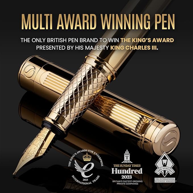 Scriveiner Personalized Gold Fountain Pen - Stunning Luxury Pen, Real Gold Plating, Schmidt Ink Refill, Best Engraved Fountain Pen Gift Set for Men & Women, Custom Name Engraving