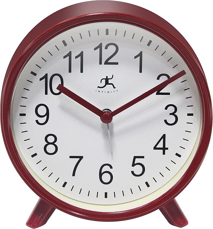 Infinity Instruments Plastic 5.75" Indoor Tabletop Alarm Clock with Quartz Movement for Accurate Time Keeping, Red