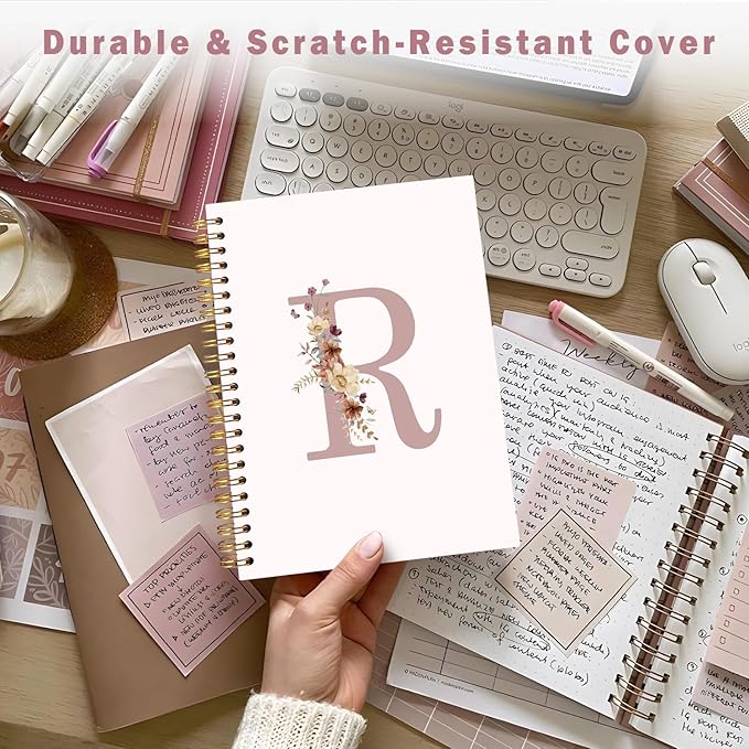 Lacama Pink Initial Letter R Notebook Journal, Customized Monogrammed Gifts, Aesthetic Wildflower Personalized Spiral Notebook, Birthday Gifts for Women, School Supplies, Office Supplies 5.5x8.3