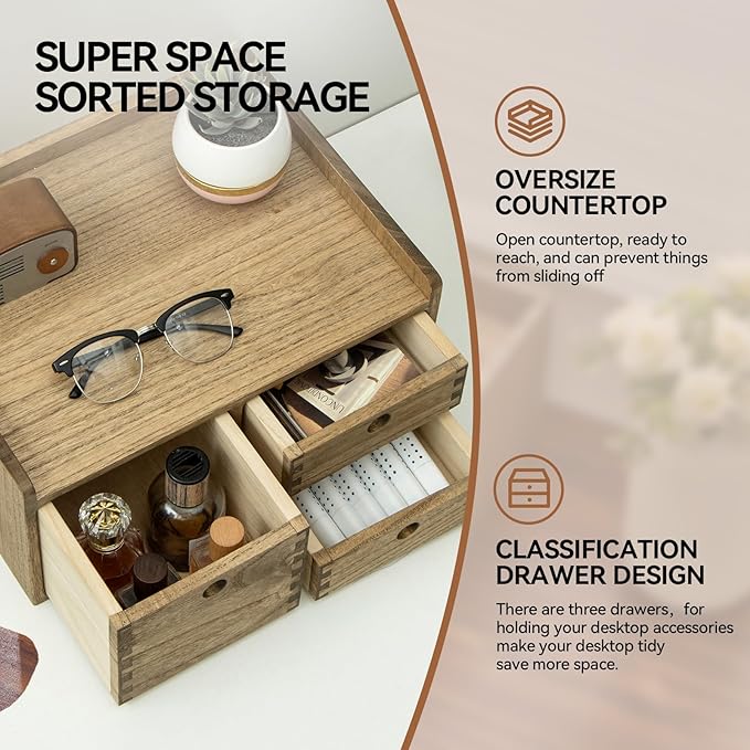 KIRIGEN Desk Organizer with 3 Drawers - Wood Drawer Storage Box with Trays for Tabletop - Workspace Office Toiletries Supplies Tool Caddy - Wooden Storage Cabinet1 Layer Dark Brown（DT1D3C-DBR）