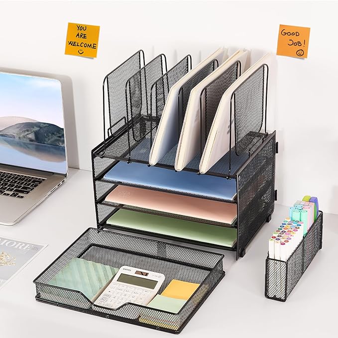 LEKETREE Desk Organizers and Accessories, 3-Tier Paper Organizer with 5 Vertical File Holders, File Organizer for Desk (Black With Drawer, 3T With Drawer)